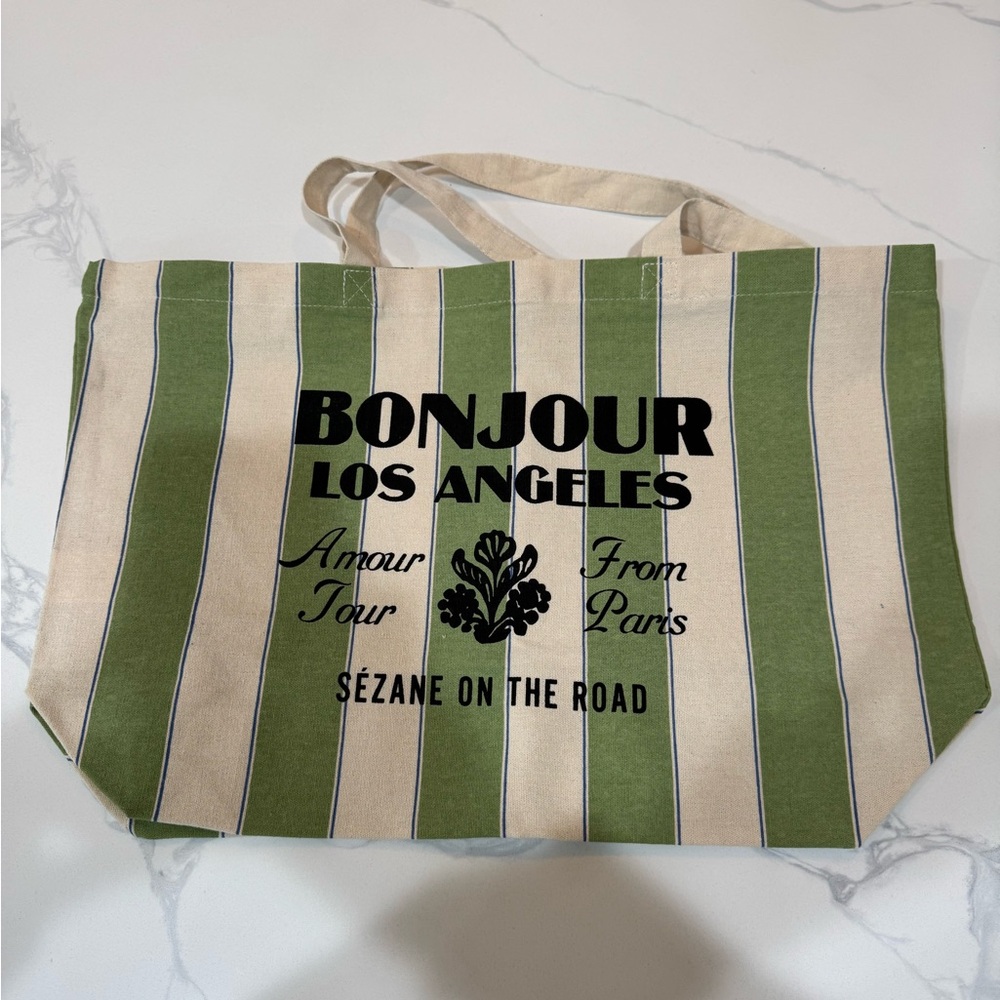 Sezane Green and Cream Striped Tote Bag